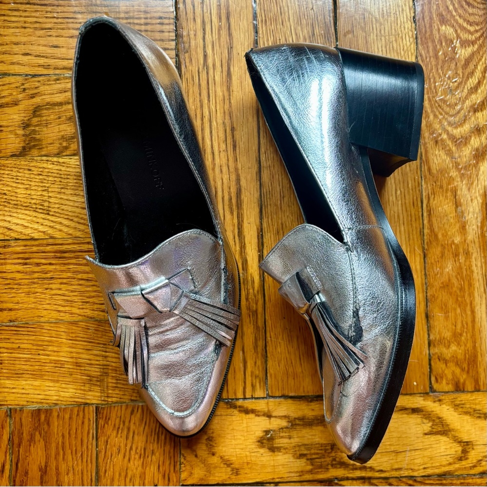 Rebecca Minkoff Shoes Edie Metallic Silver Leather Tassel 2” Block Heels Size 7M